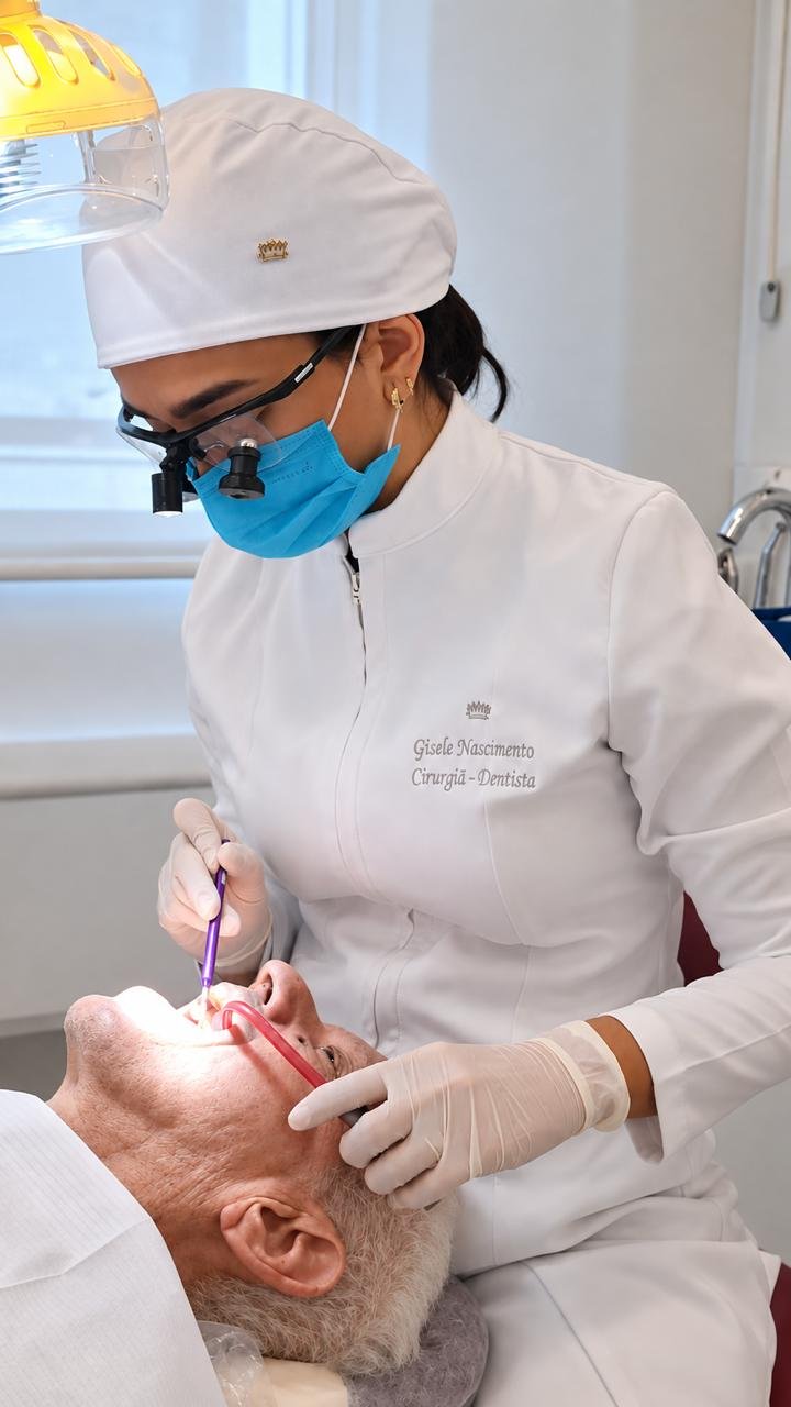 Dra. Gisele realizando tratamento odontológico com equipamentos de precisão